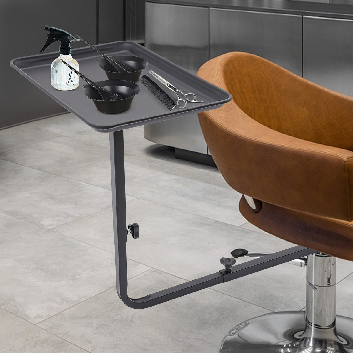 Adjustable Black Salon Rolling Tray with 360° Rotation for Hair Styling Tools