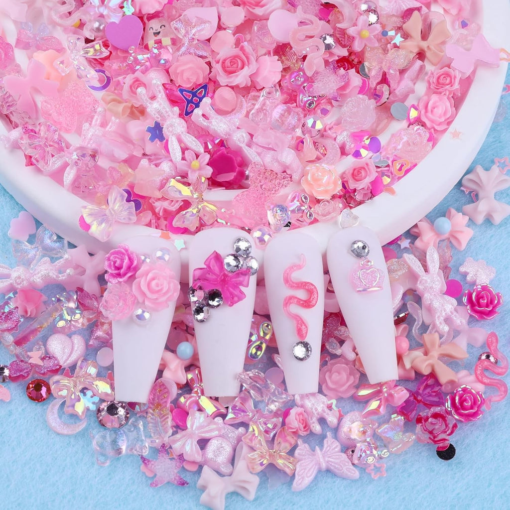 300pcs Nail Art Charms Kit with Resin Gems & Pink Decorations for Manicure