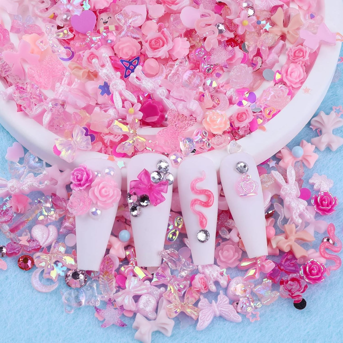 300pcs Nail Art Charms Kit with Resin Gems & Pink Decorations for Manicure