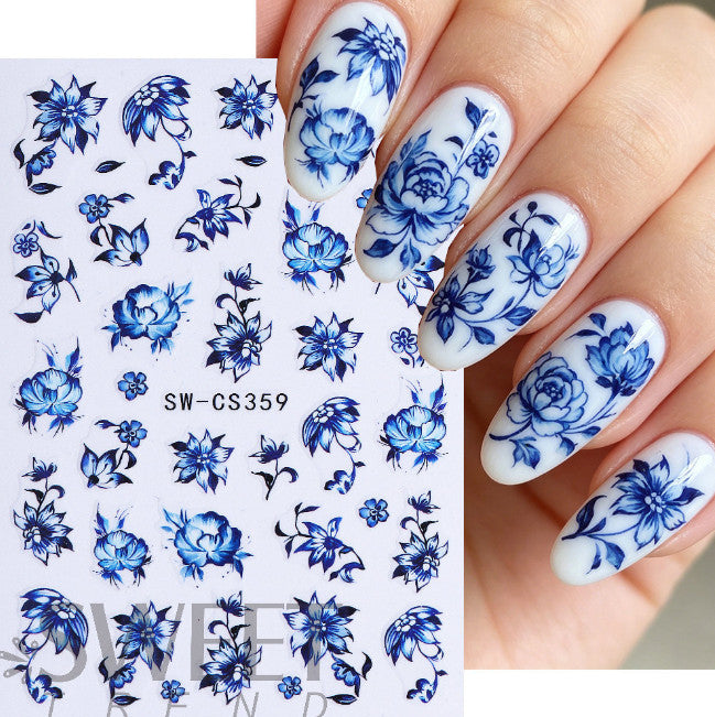 Blue Floral Nail Stickers 2 Sheets Self-Adhesive 3D Floral Decals for Nails