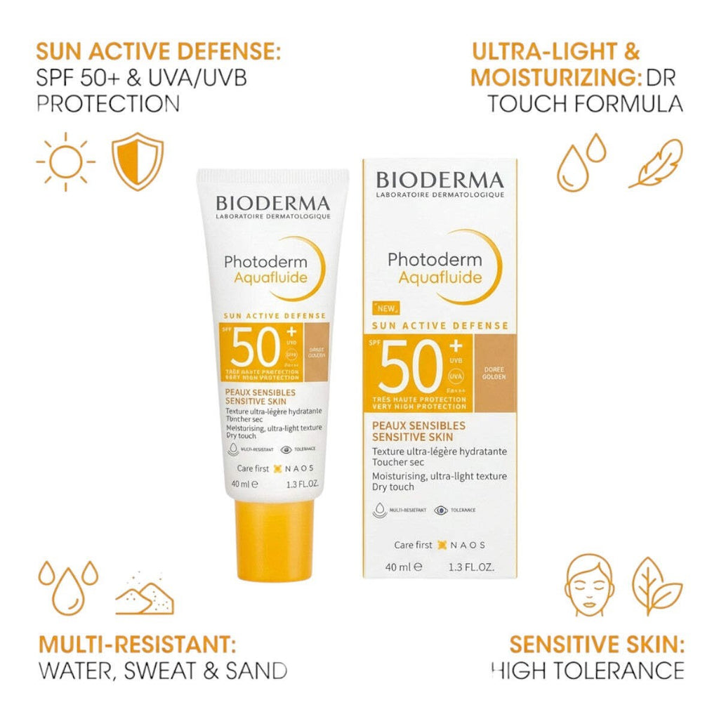 SPF 50+ Broad Spectrum Sunscreen with Golden Tint – Ultra-Light Water-Based Fluid, 40 ml
