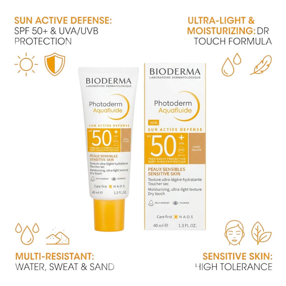 SPF 50+ Broad Spectrum Sunscreen with Golden Tint – Ultra-Light Water-Based Fluid, 40 ml