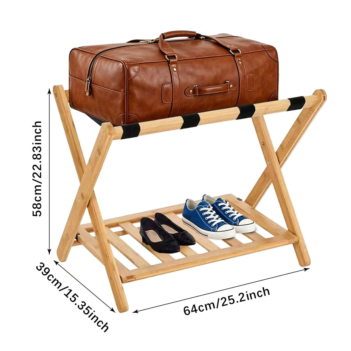 Foldable Wooden Luggage Rack with Dual-Tier Design for Hotel & Home