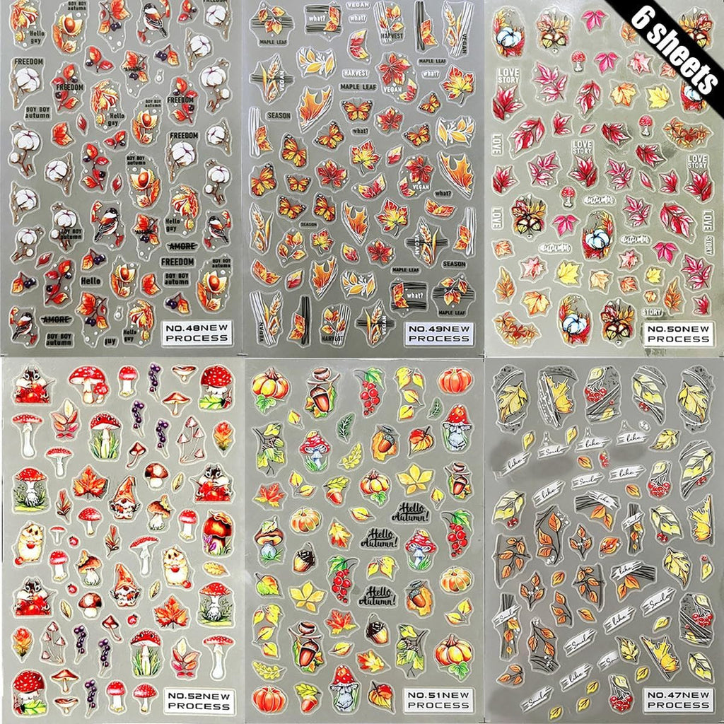 Fall Nail Art Stickers Set - 6 Sheets Autumn Maple Leaves & Decals