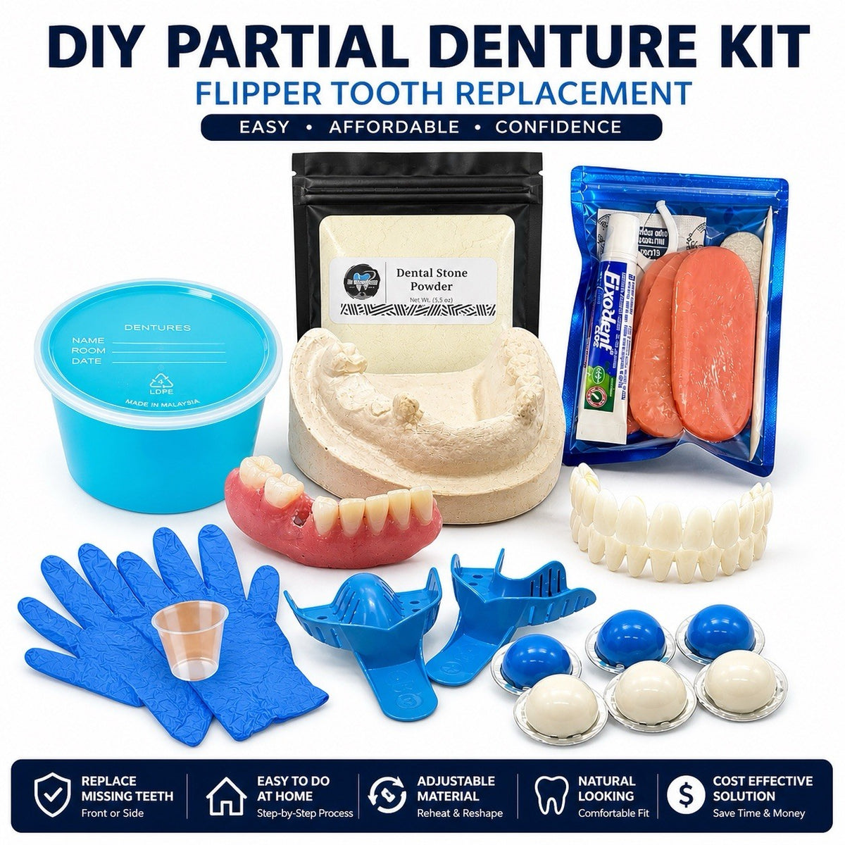 Partial Denture Kit - Make Custom Temporary Teeth A2, Reusable & Easy