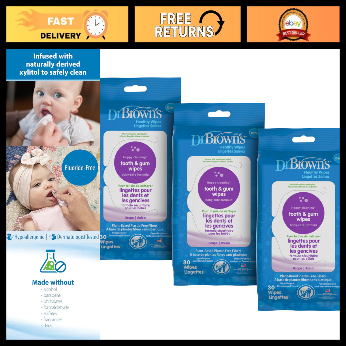 Fluoride-Free Baby Tooth & Gum Wipes - Grape Flavor, 30 Count, 3-Pack