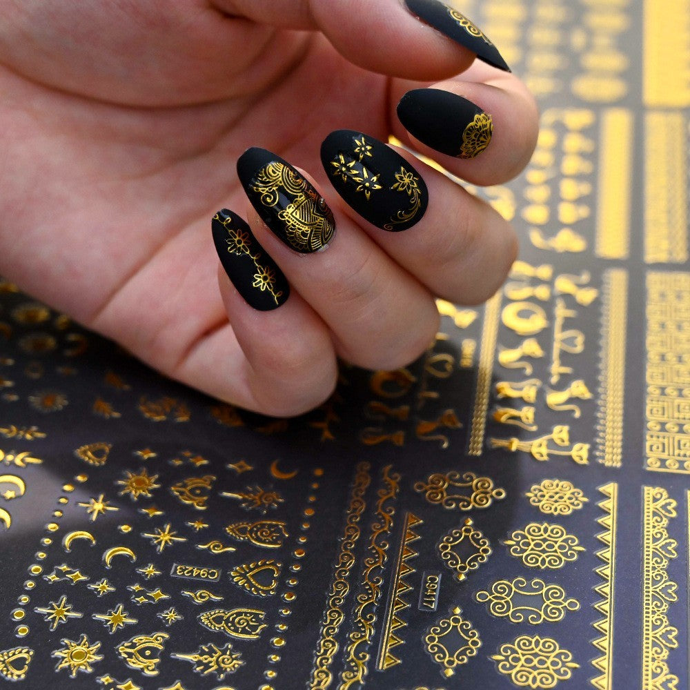 Gold Lace Moon and Star Nail Art Stickers - 10 Sheets for Elegant Nail Decoration