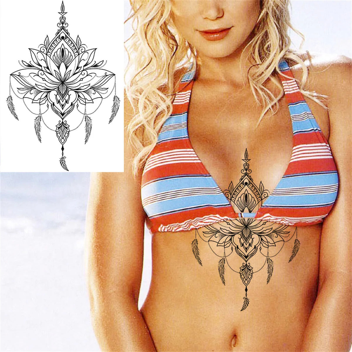 Black Moon Pendant Fake Tattoo Jewelry Set - Waterproof Floral Jewelry