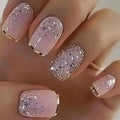 48Pcs Nude Pink Rhinestone Press On Nails Short Square Glossy False Nails