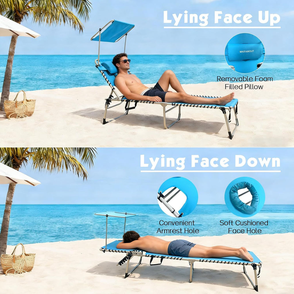 Outdoor Folding Tanning Chair with Adjustable Canopy & Face Hole