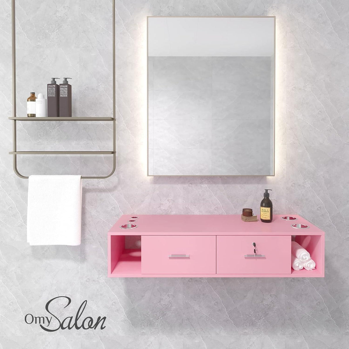 Wall Mount Barber Station with Lockable Drawers and Dryer Holders for Salon & Spa