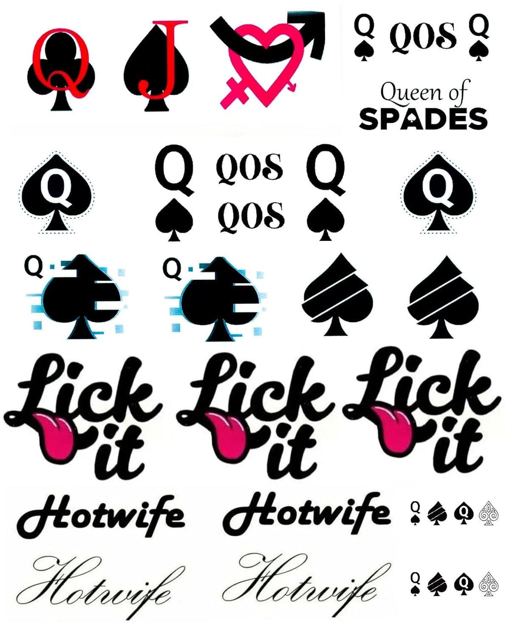 Temporary Queen of Spades Tattoo Stickers - 4 Sheets, 81 Designs