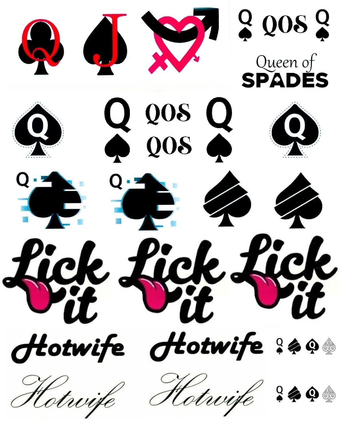 Temporary Queen of Spades Tattoo Stickers - 4 Sheets, 81 Designs