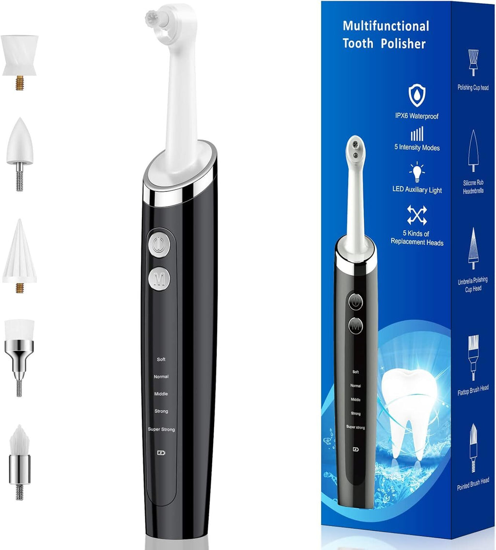 Electric Tooth Polisher for Daily Cleaning & Whitening - Rechargeable USB, 5 Speed Modes, 5 Brush Heads