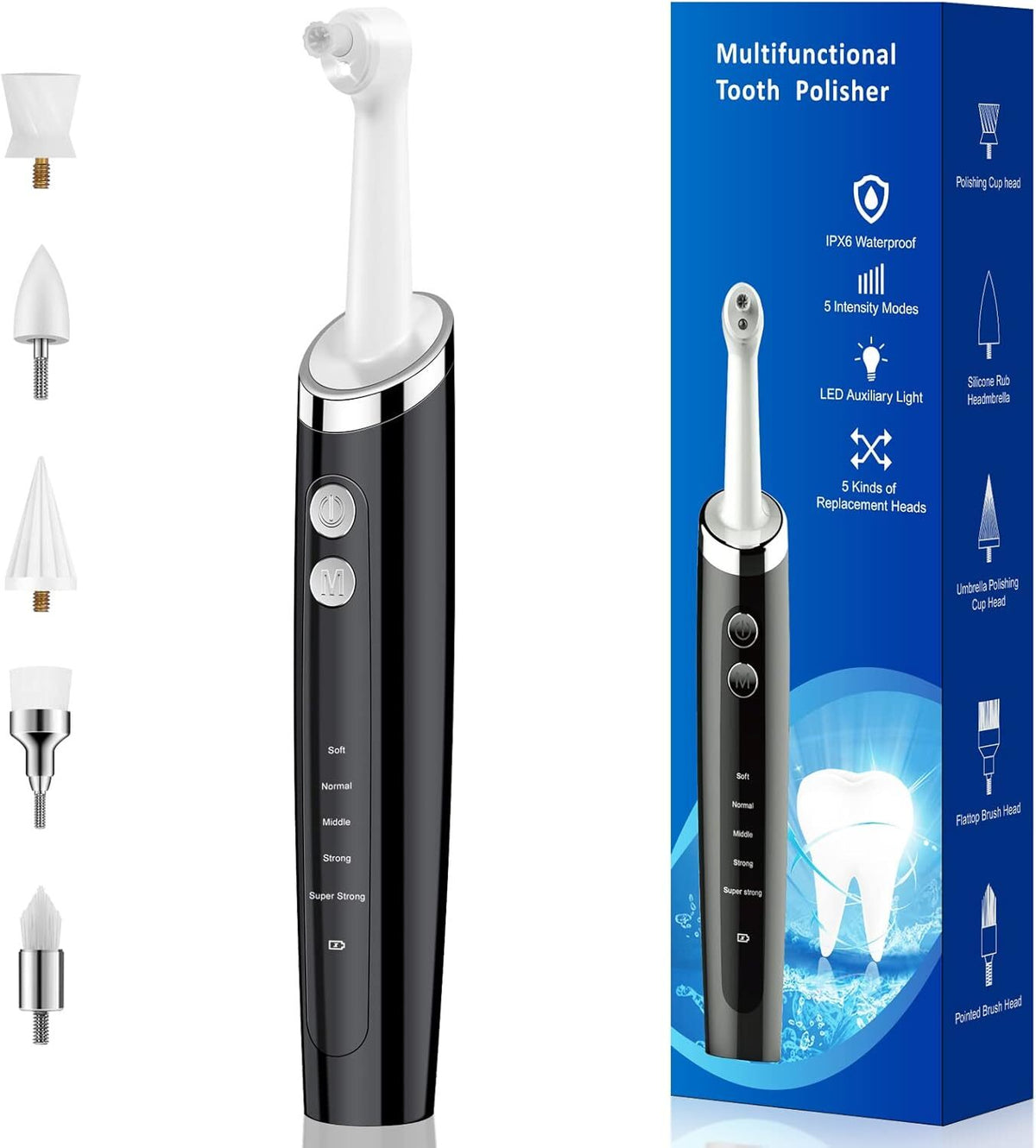 Electric Tooth Polisher for Daily Cleaning & Whitening - Rechargeable USB, 5 Speed Modes, 5 Brush Heads