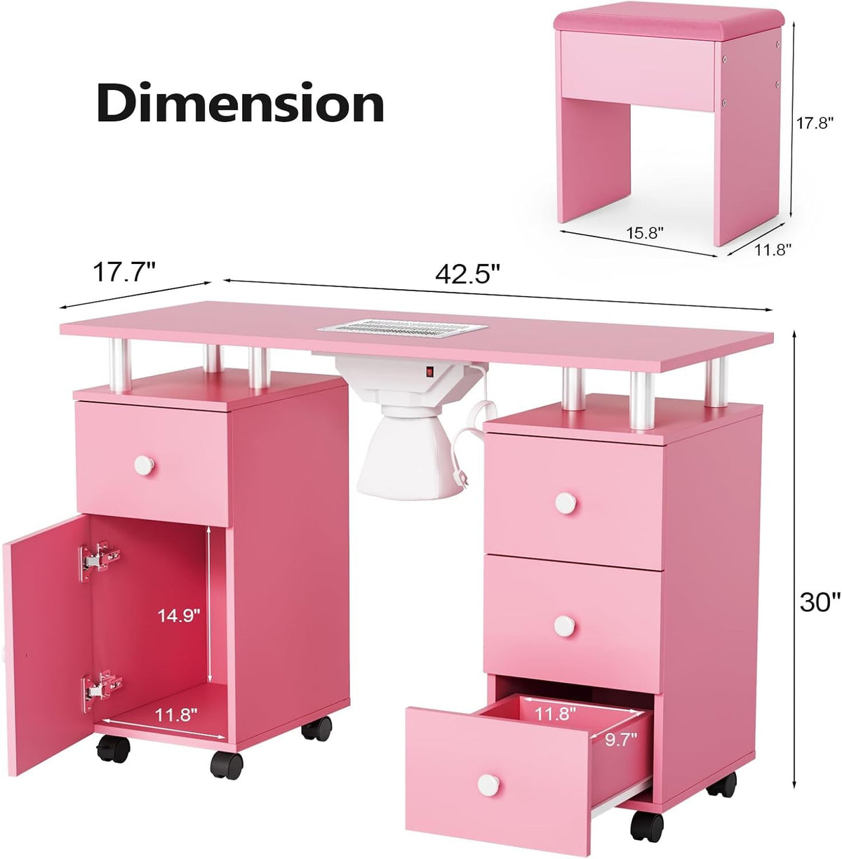 Professional Nail Desk and Chair Set with Dust Suction System, Storage Drawers
