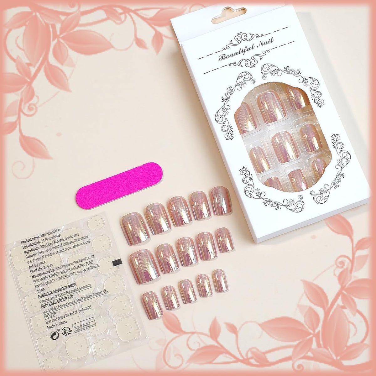 24 Pack Blush Chrome Fake Nails - Salon Quality Press-On Manicure