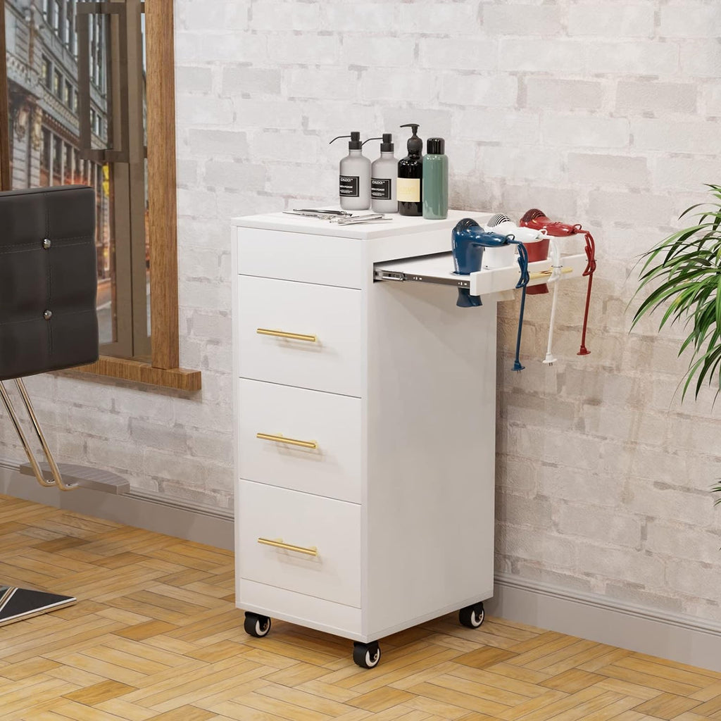 Salon Trolley Cart with Wheels - Wooden Hair Storage Cabinet with Drawers