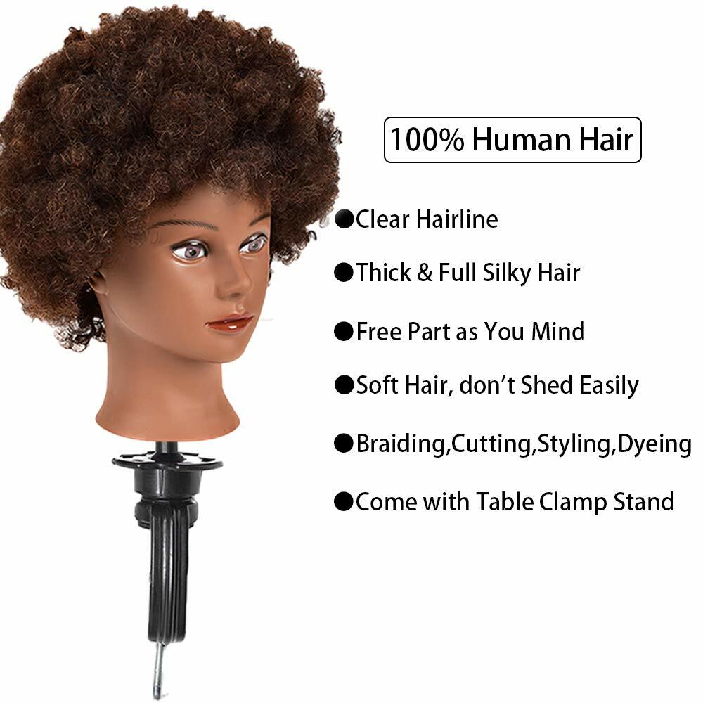 Human Hair Mannequin Head for Hair Styling Training Afro Curl Brown