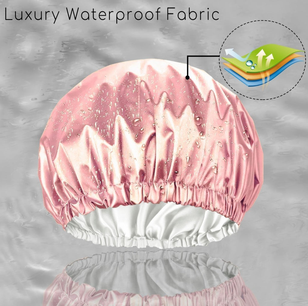 Extra Large Satin Lined Shower Cap for Women - Adjustable Waterproof Pink