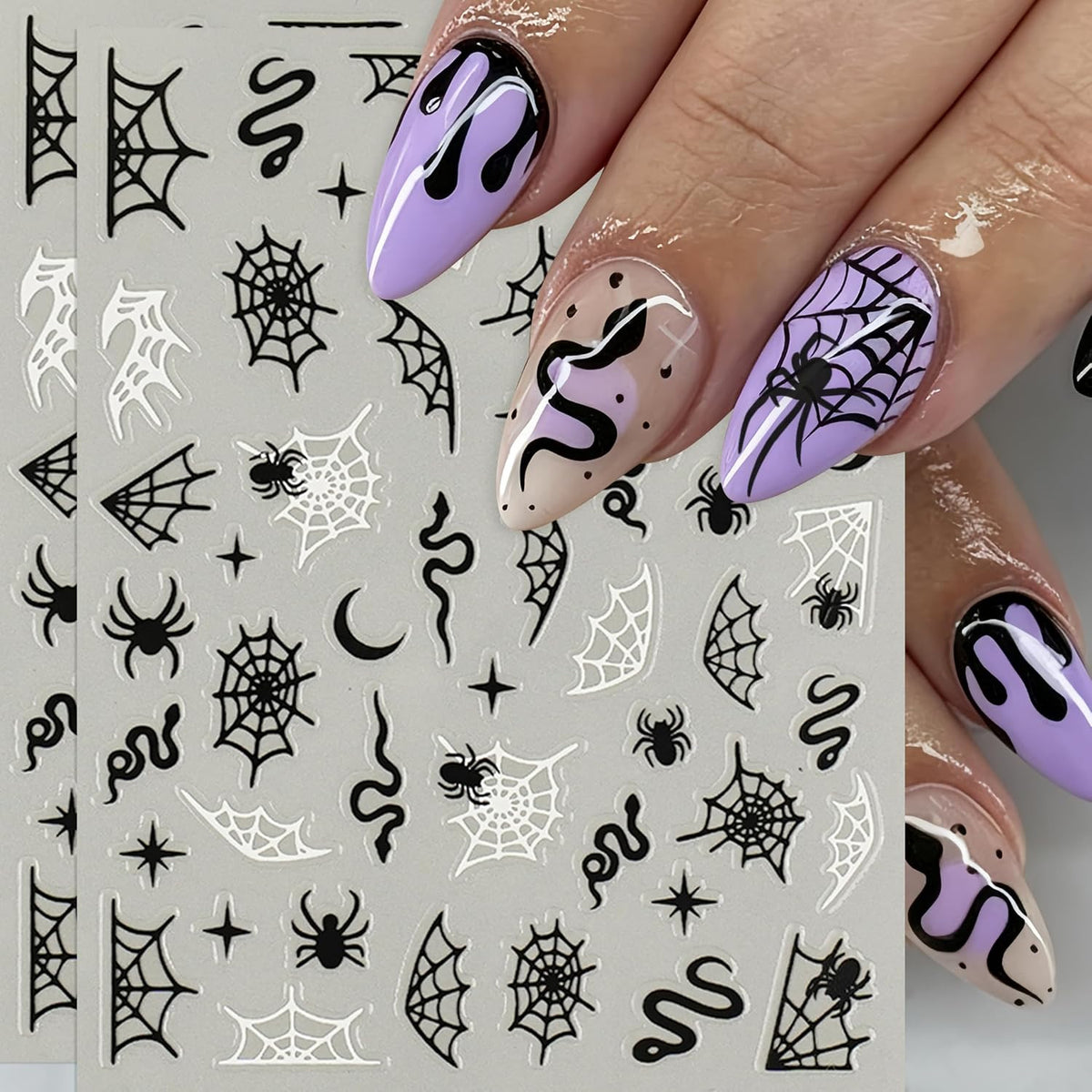 Halloween Nail Stickers 8 Sheets Spider Web Black & White Nail Art Decals