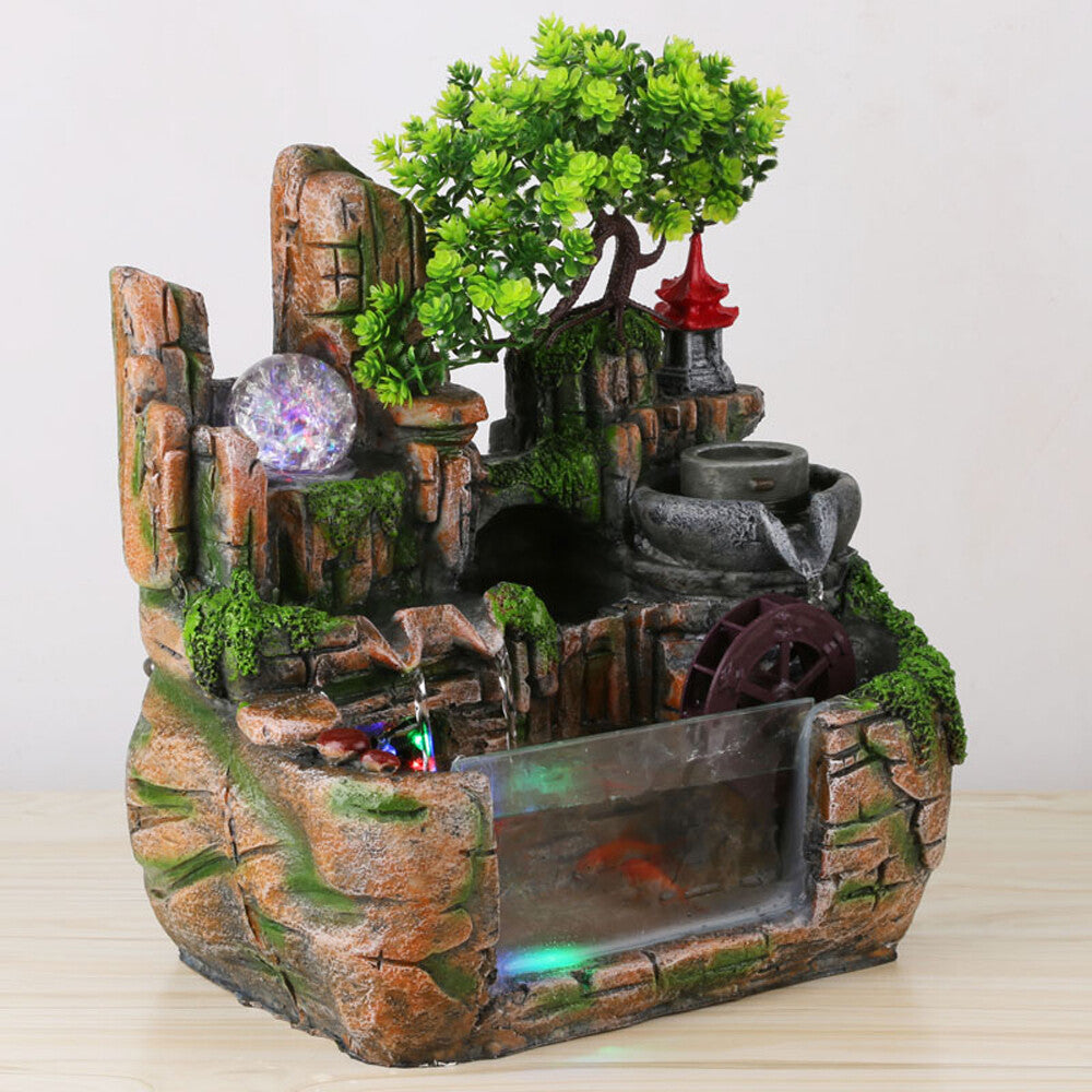 Feng Shui Desktop Rockery Waterfall Fountain with LED Atomizing Effect for Office Decor
