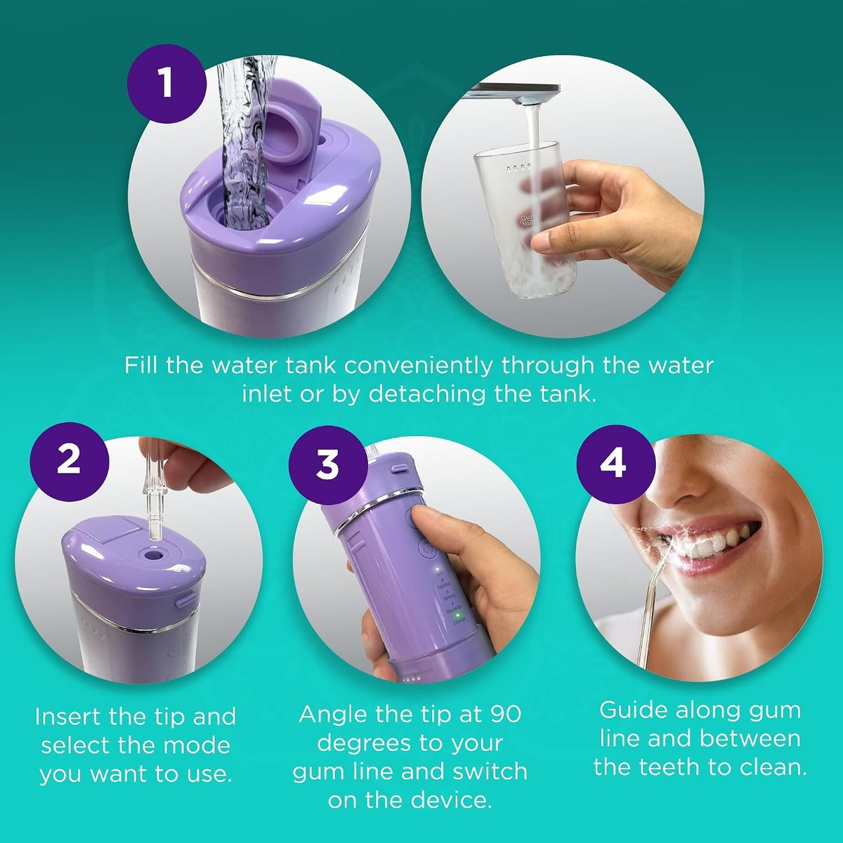 Portable Cordless Water Flosser with Smart Timer & Detachable Tank Lavender