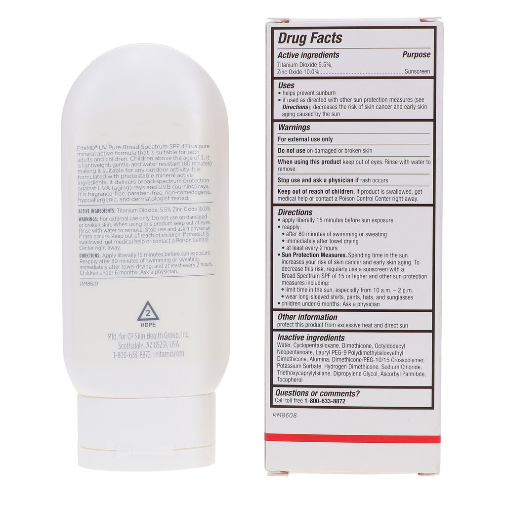 EltaMD UV Pure Broad Spectrum SPF 47 Sunscreen 4 oz for Face & Body