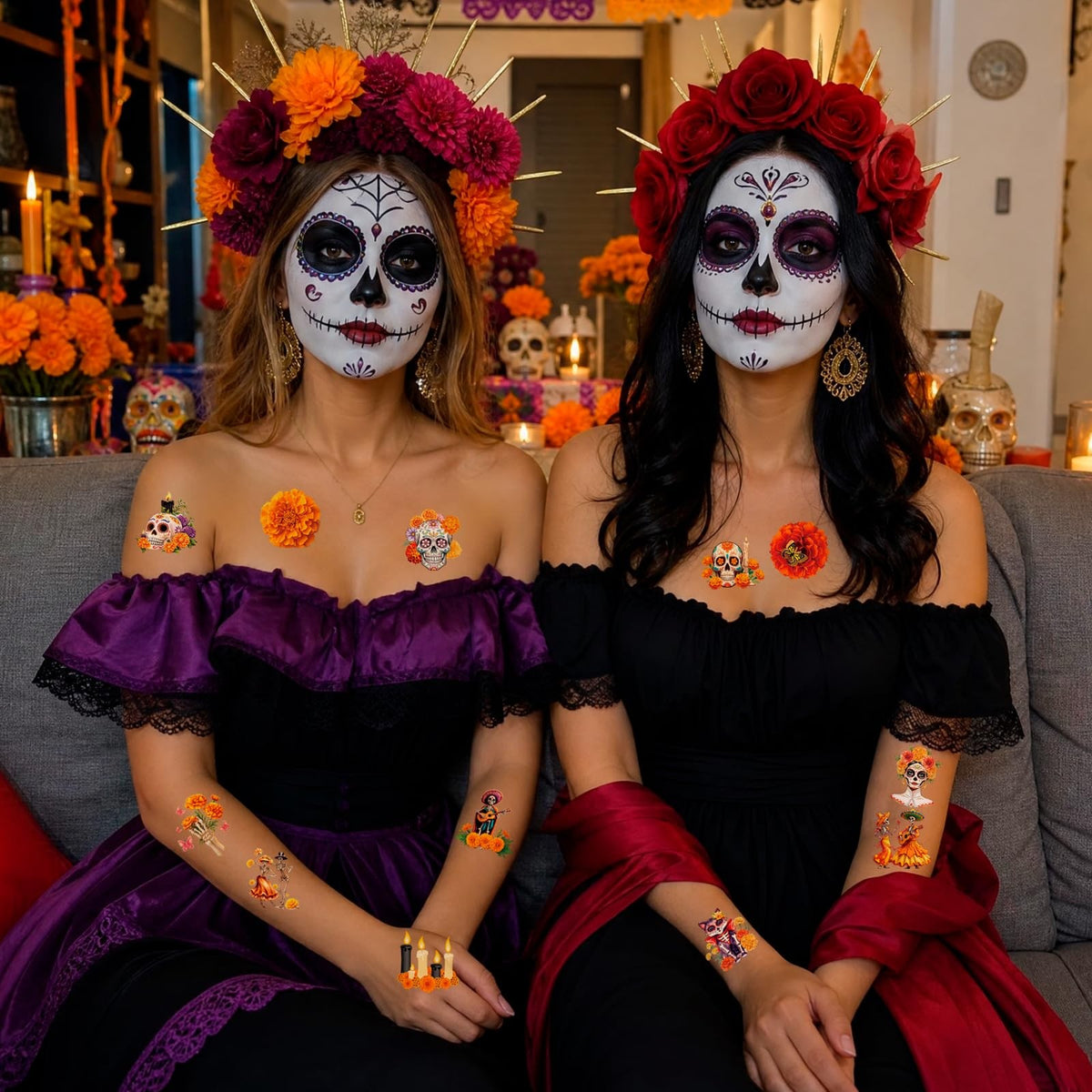 80pcs Day of the Dead Marigold Floral Temporary Tattoos for Halloween & Party Age-Defying Body Art