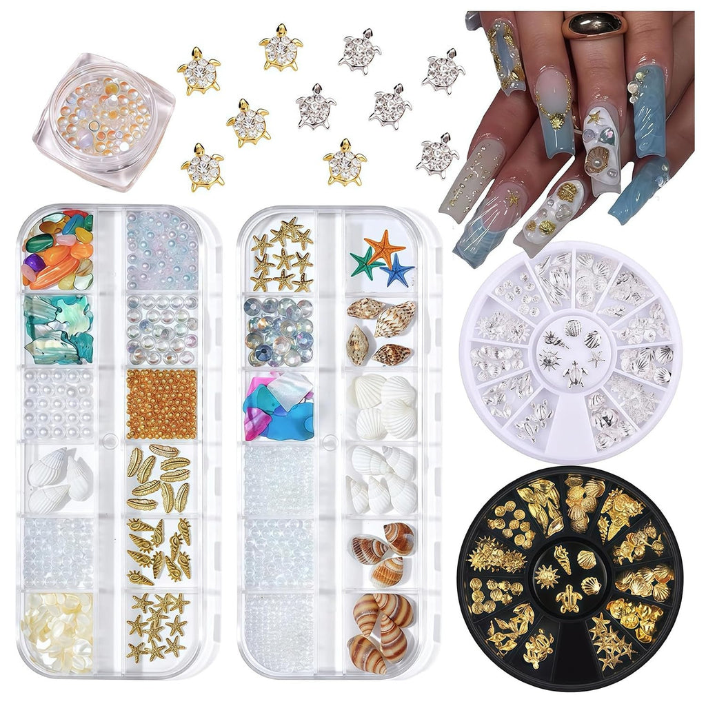 Summer Nail Art Rhinestones Set with Ocean Theme Charms - 6 Boxes