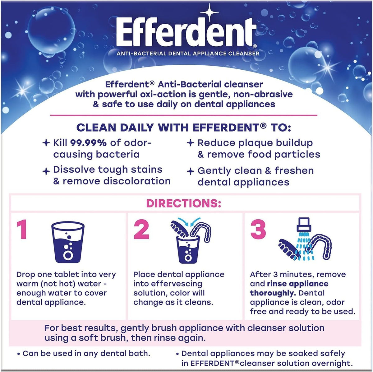 Fast-Acting Denture Cleaning Tablets - Kills Odors & Removes Stains in 3 Minutes