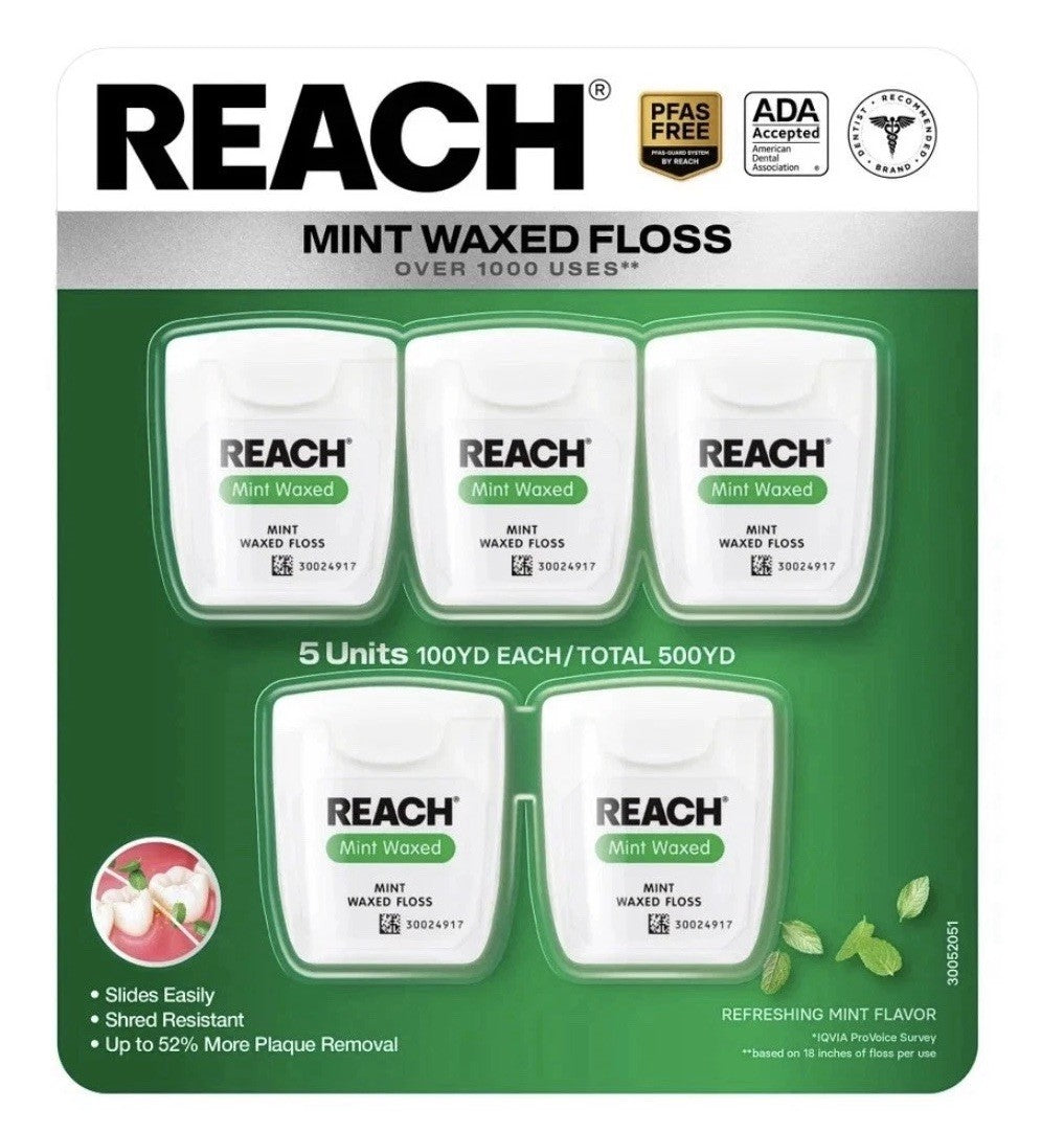 Reach Mint Waxed Dental Floss 5 Pack, 500 Yards Total - Oral Care