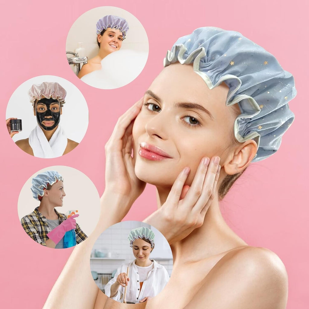 Reusable Shower Cap for Women - Double Waterproof Layers, 2 Pack