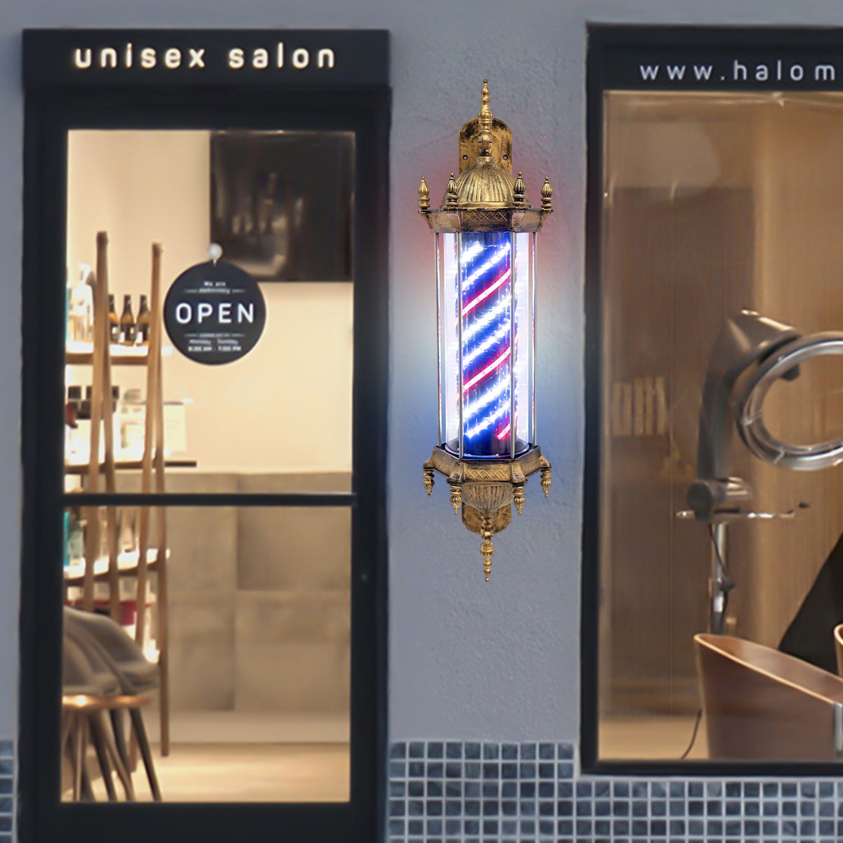 Vintage Barber Pole LED Light Rotating Sign Wall Mount for Hair Salons