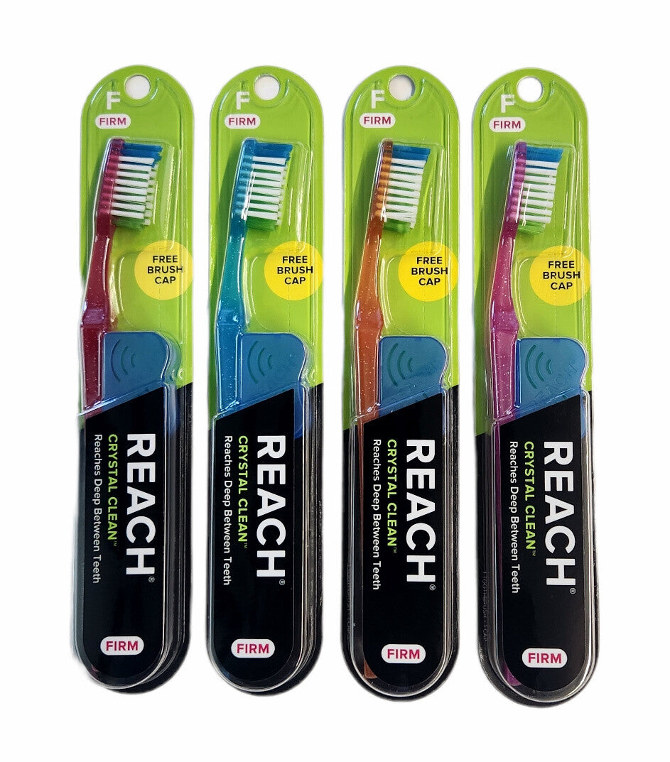 4 Reach Crystal Clean Hard Toothbrushes with Firm Bristles & Free Caps