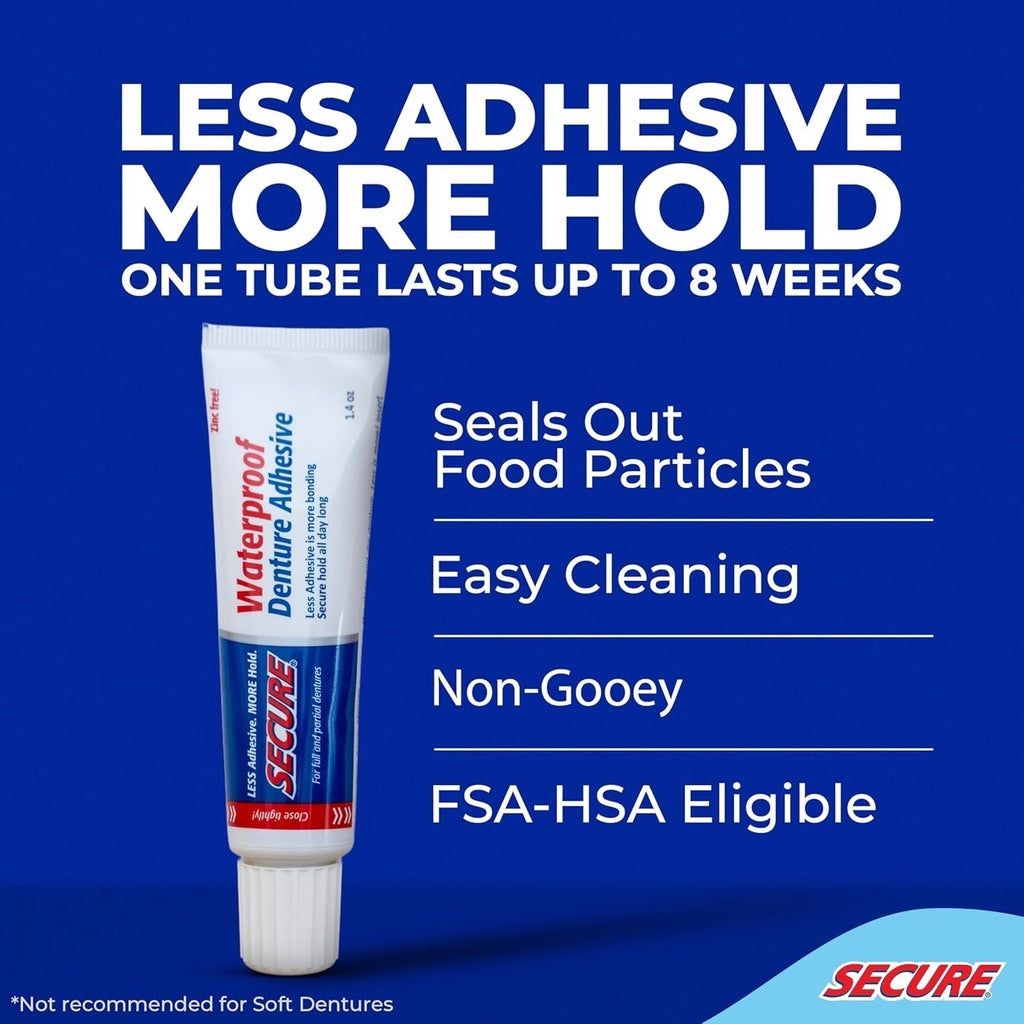 Waterproof Denture Adhesive - Zinc-Free Extra Strong Hold for Upper & Lower Dentures