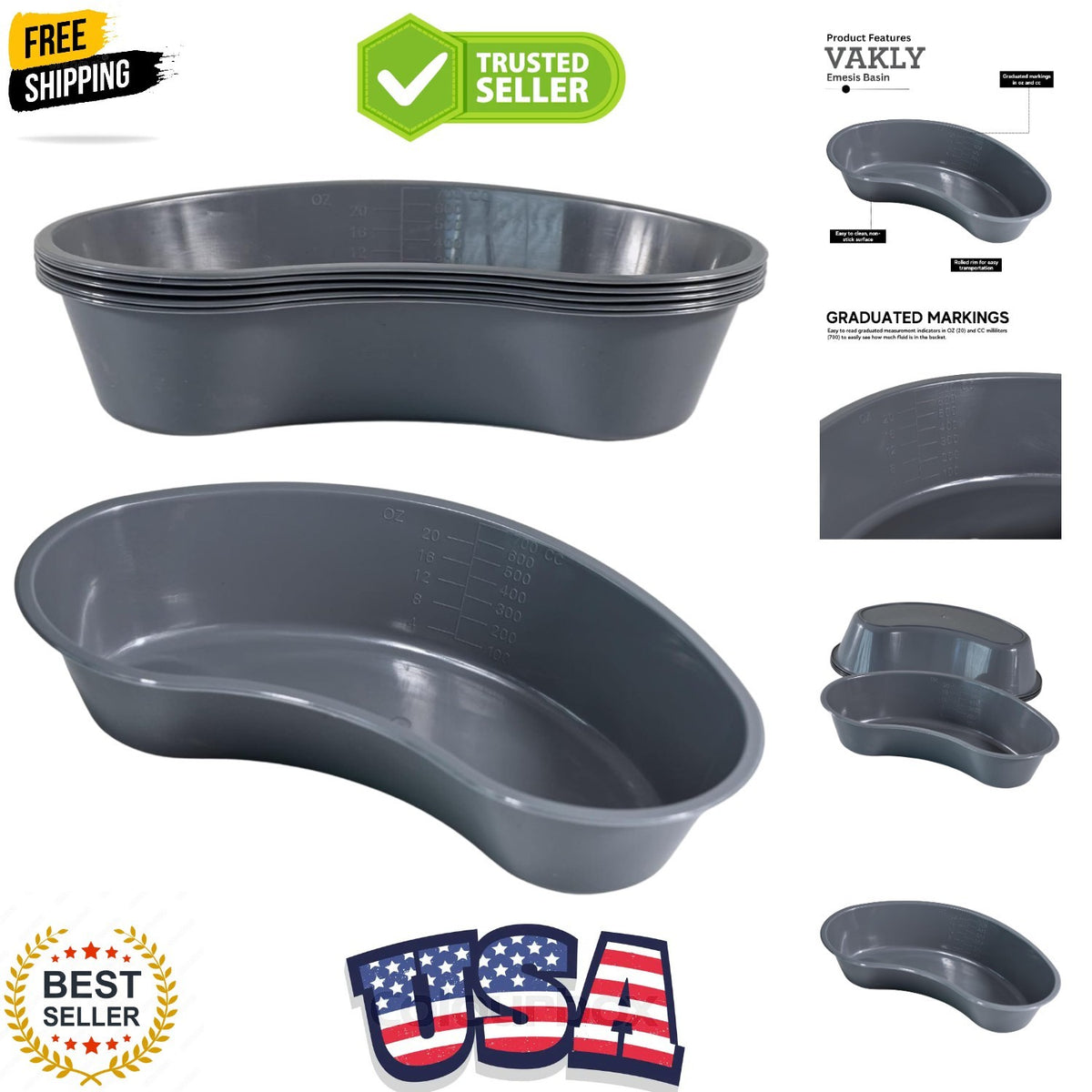 Medical Emesis Basins 700 mL Pack of 5 Kidney Shaped Plastic Vomit Bowls
