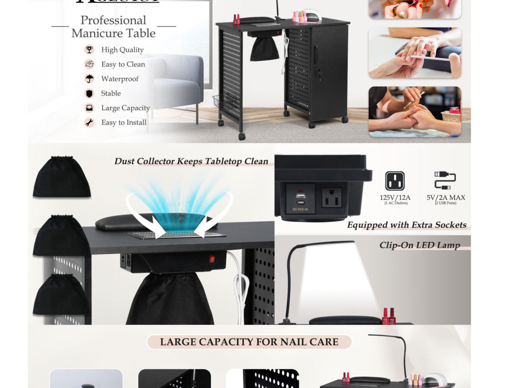 Manicure Table Nail Desk with Dust Collector & Charging Station - Salon & Home Use