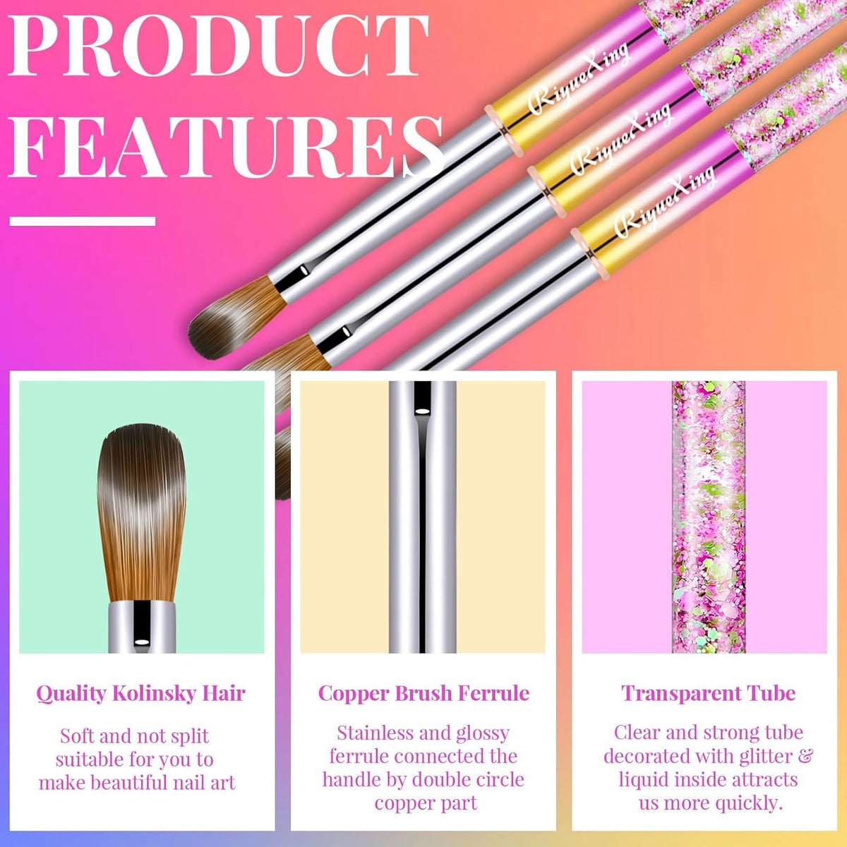 Kolinsky Nail Art Brush Set - Acrylic, Precision & Fine Detail Brushes, 3 Pieces