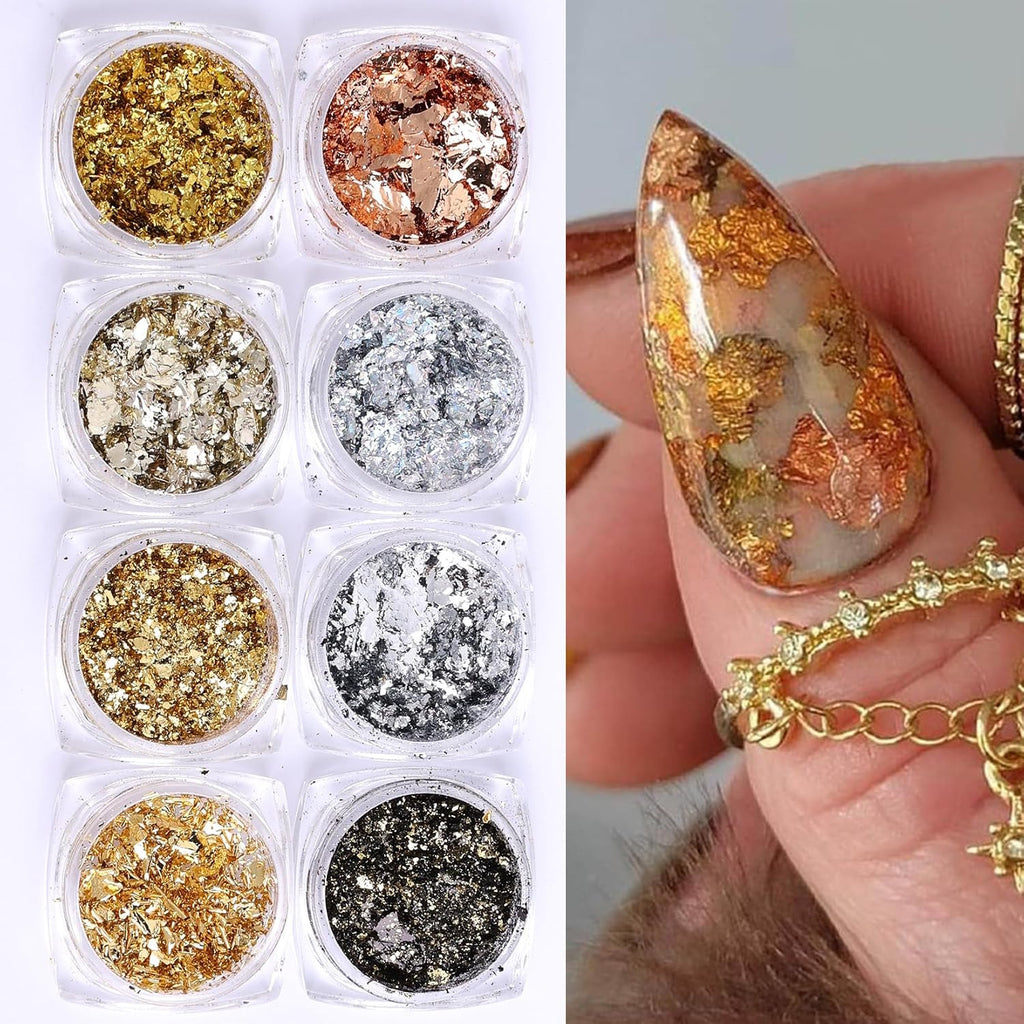 Gold Flakes Nail Glitter Foils Set - Metallic Gold Silver Black Rose Gold for Nail Art