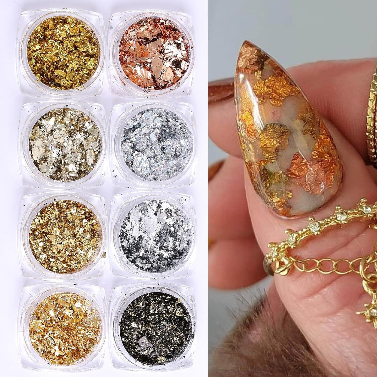 Gold Flakes Nail Glitter Foils Set - Metallic Gold Silver Black Rose Gold for Nail Art