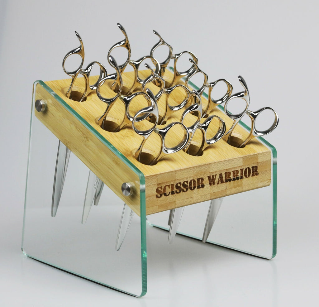 Salon Hair Shears Holder Bamboo Glass Organizer for Barber & Stylist Stations