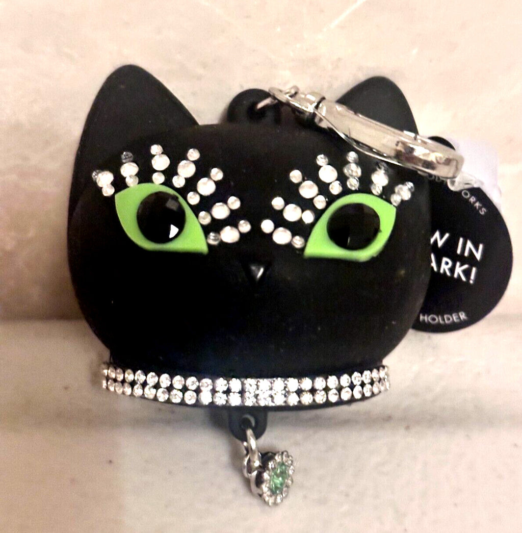 Halloween Cat Jeweled Pocket-Bac Holder with Green Eyes - Hand Sanitizer Keychain Accessory