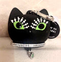 Halloween Cat Jeweled Pocket-Bac Holder with Green Eyes - Hand Sanitizer Keychain Accessory