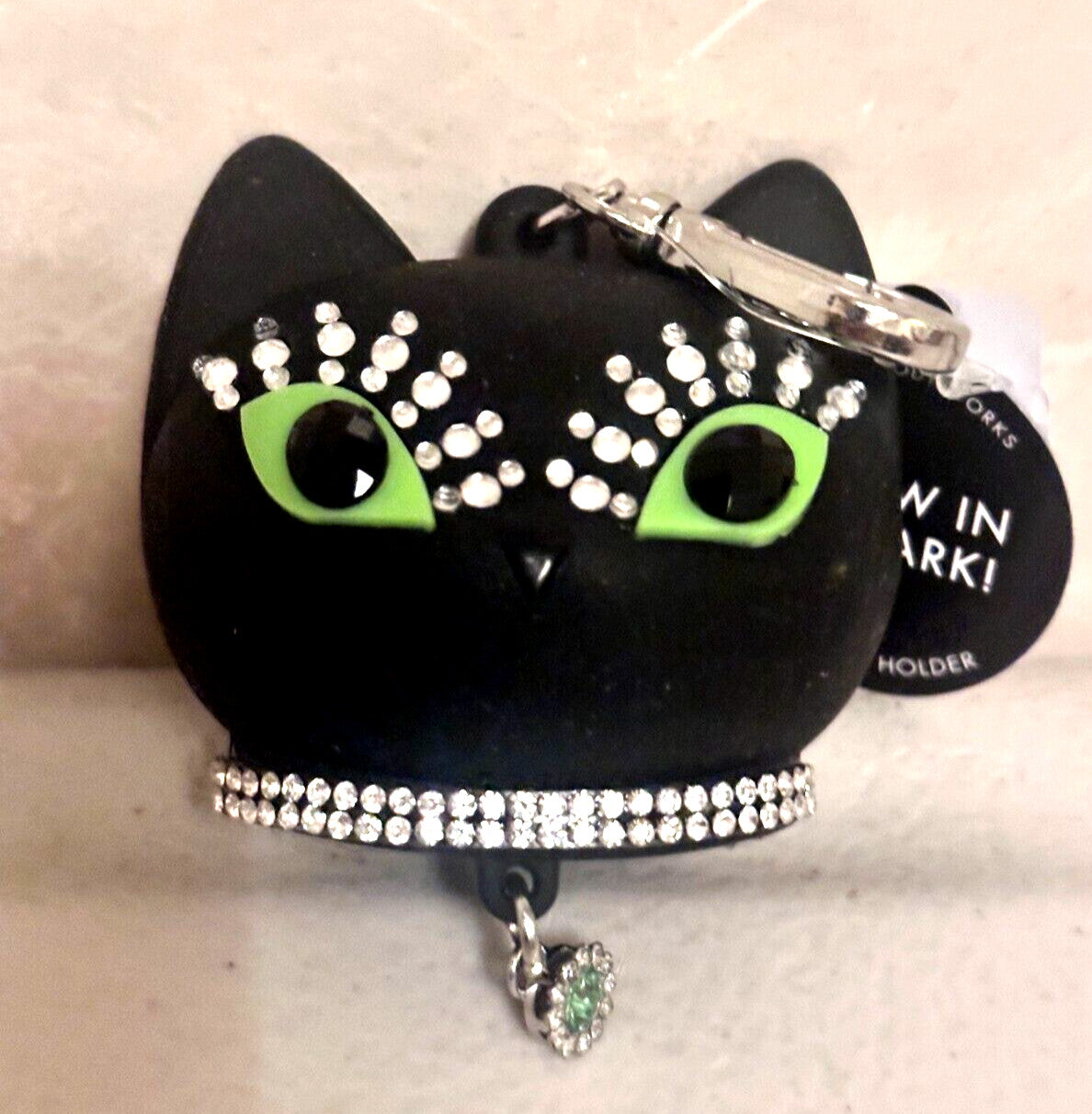 Halloween Cat Jeweled Pocket-Bac Holder with Green Eyes - Hand Sanitizer Keychain Accessory
