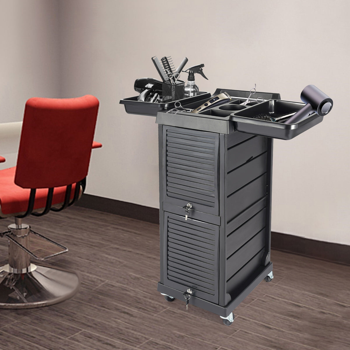 Lockable Salon Trolley Cart with 7 Tiers & Tool Holders for Hair & Beauty