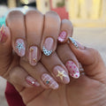 Press On Nails Set for Nail Art - 60 Pink White Grid Rhinestones Glossy Almond Shape