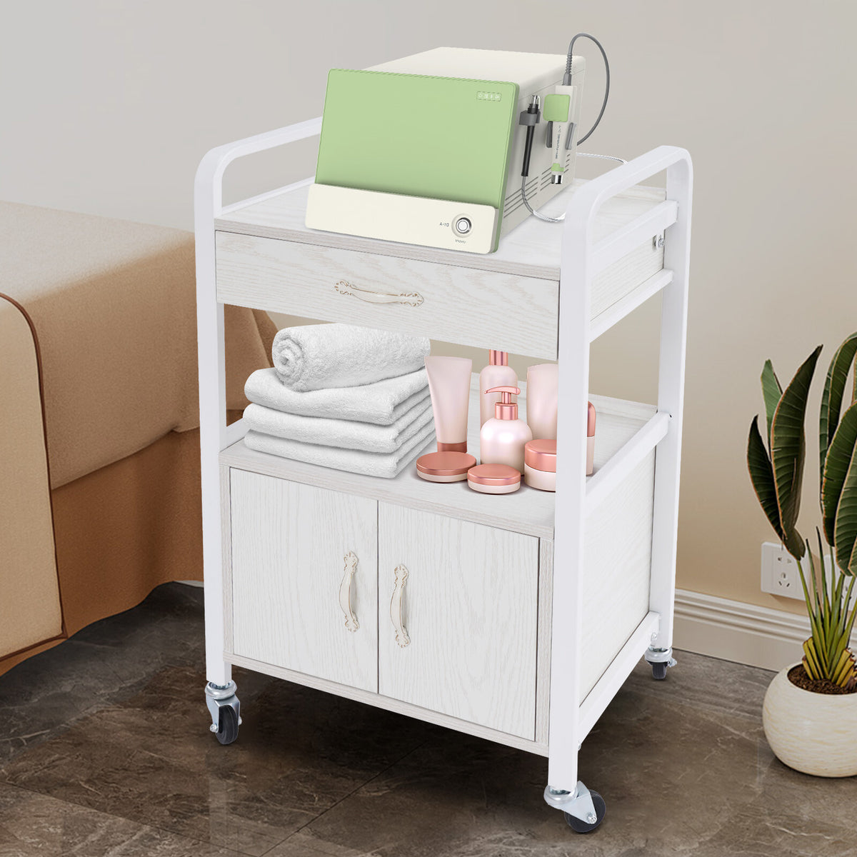 Movable Salon Storage Cart with Drawer and Shelves - White, Wheels