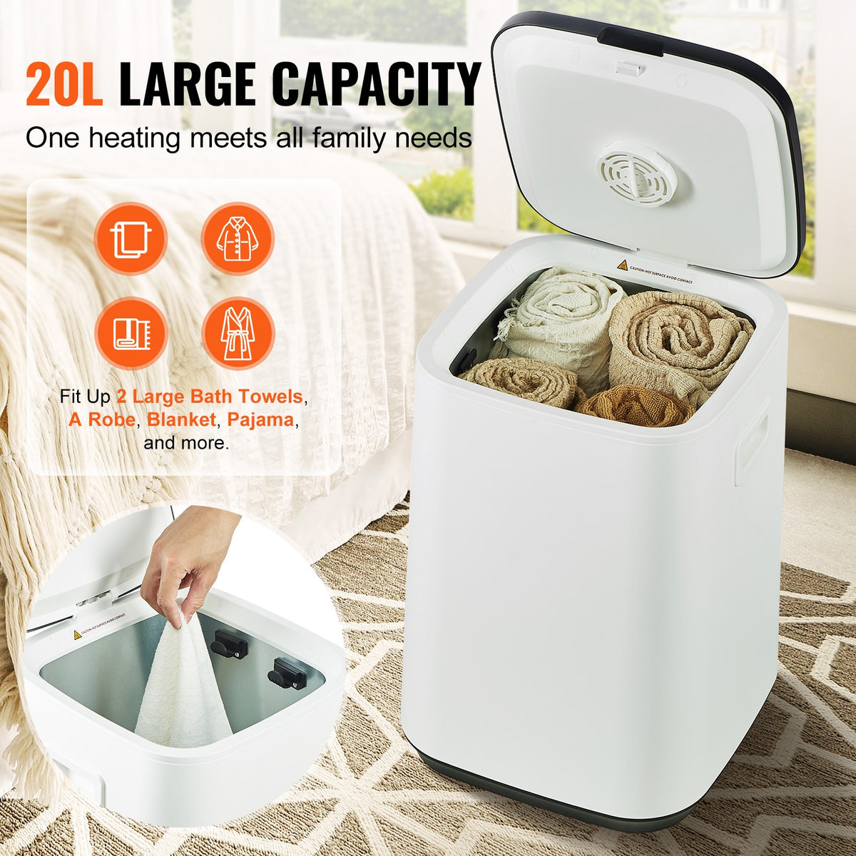 20L Large Towel Warmer Bucket with LED Screen, Timer & U-Shaped Light, White