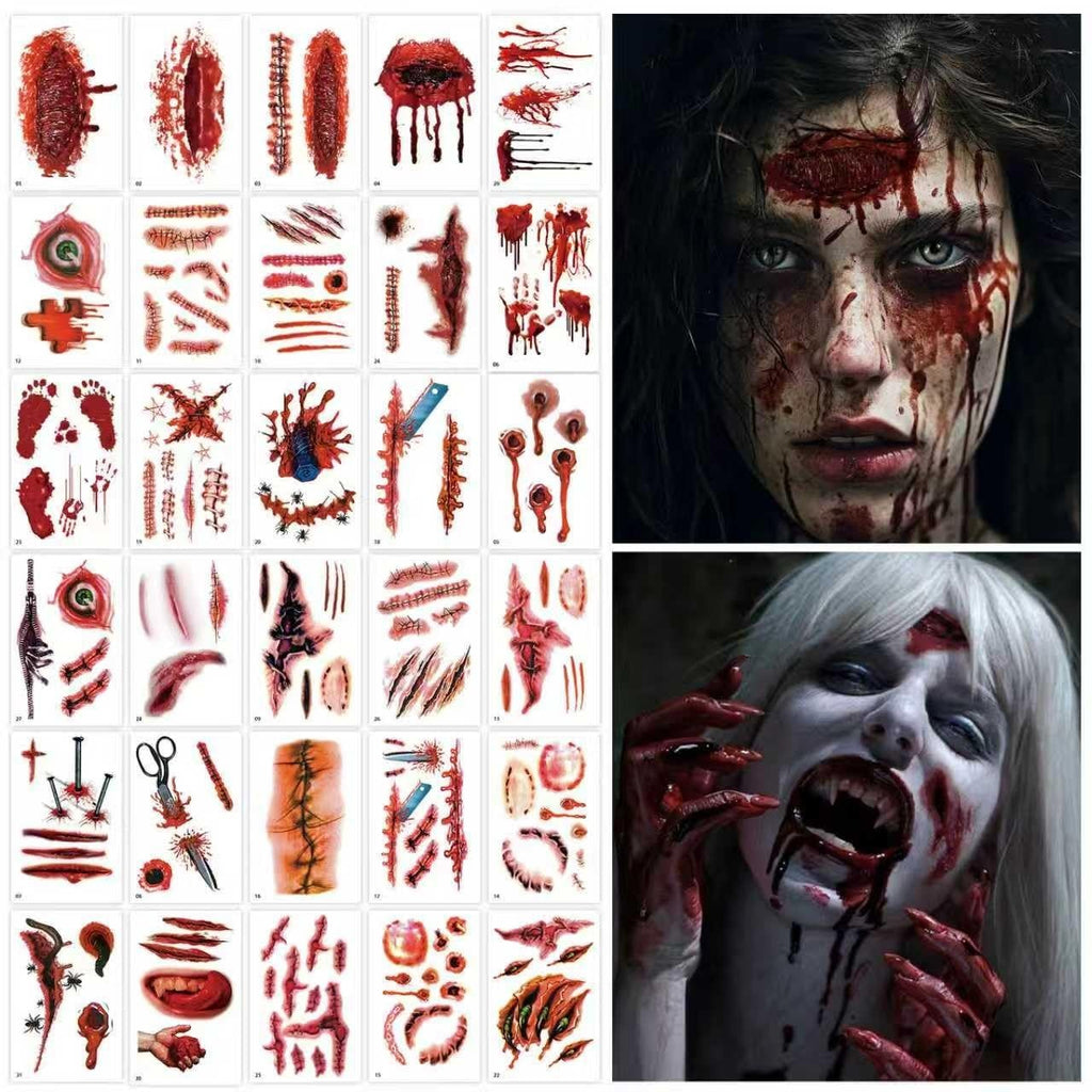 30 Sheets Waterproof Halloween Scar Tattoos – Fake Wound, Stitch & Bite Mark SFX Makeup